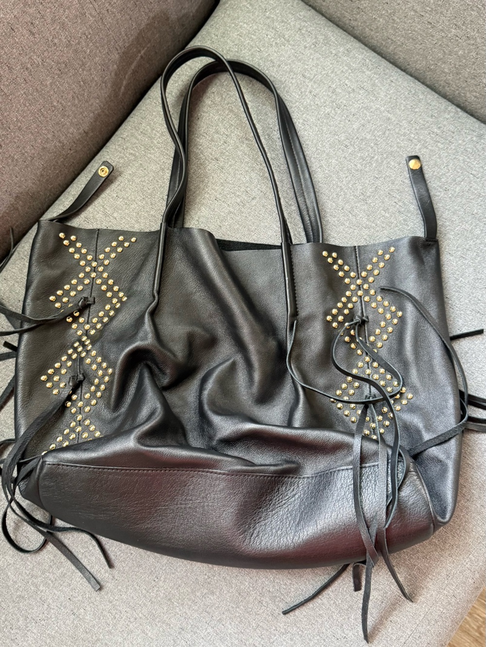 Blow The Belt Black Leather Studded Fringe Tote Bag Large Shoulder Bag Boho West - Picture 3 of 10